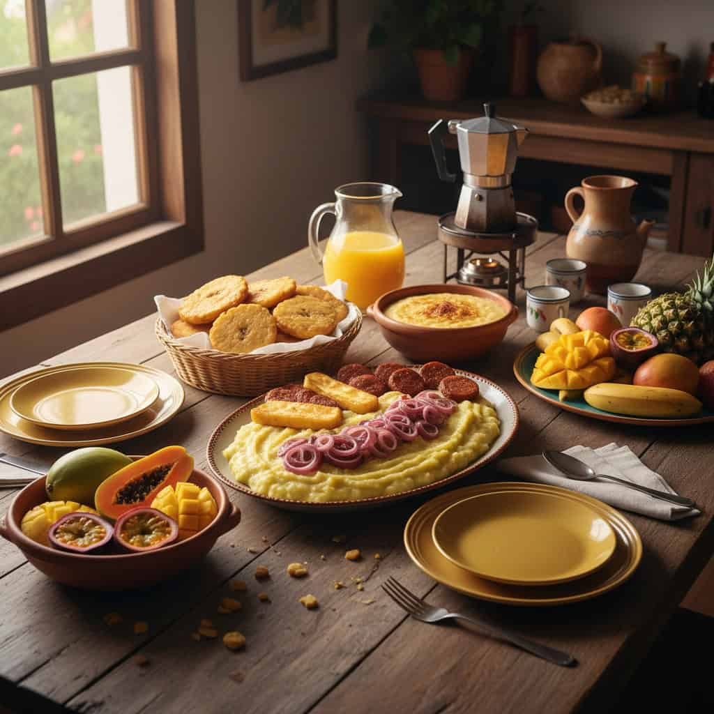 Family-style Dominican breakfast on table with multiple dishes
