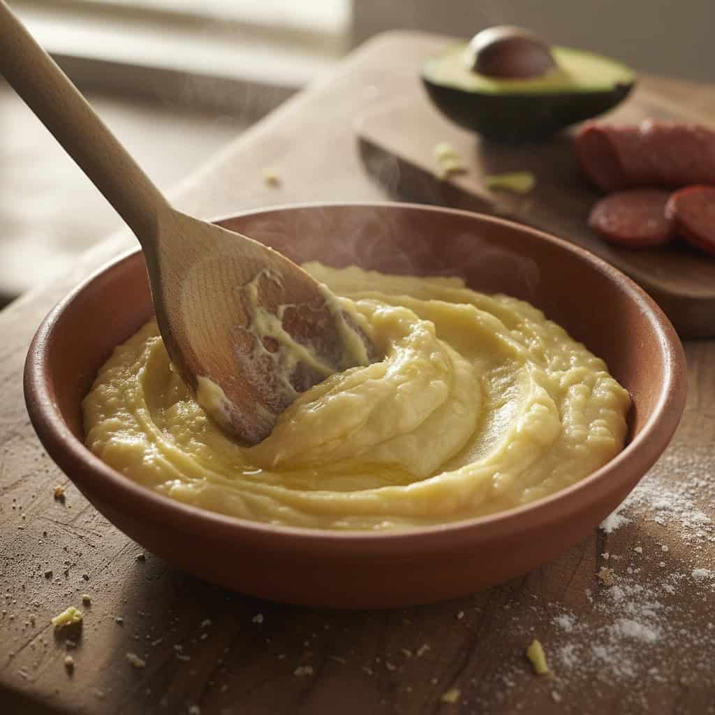 Traditional Dominican mangu con tres golpes breakfast plate