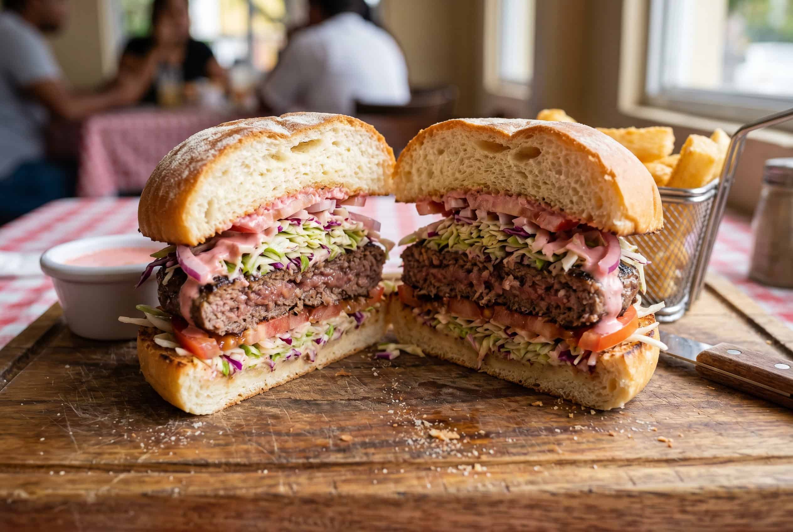 Dominican chimi burger cut in half showing layers