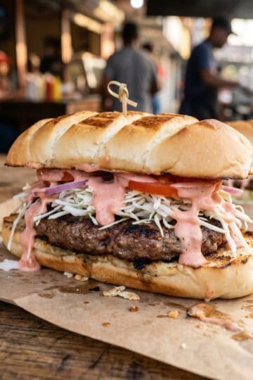 Dominican chimichurri burger with pink mayoketchup sauce on pan de agua roll