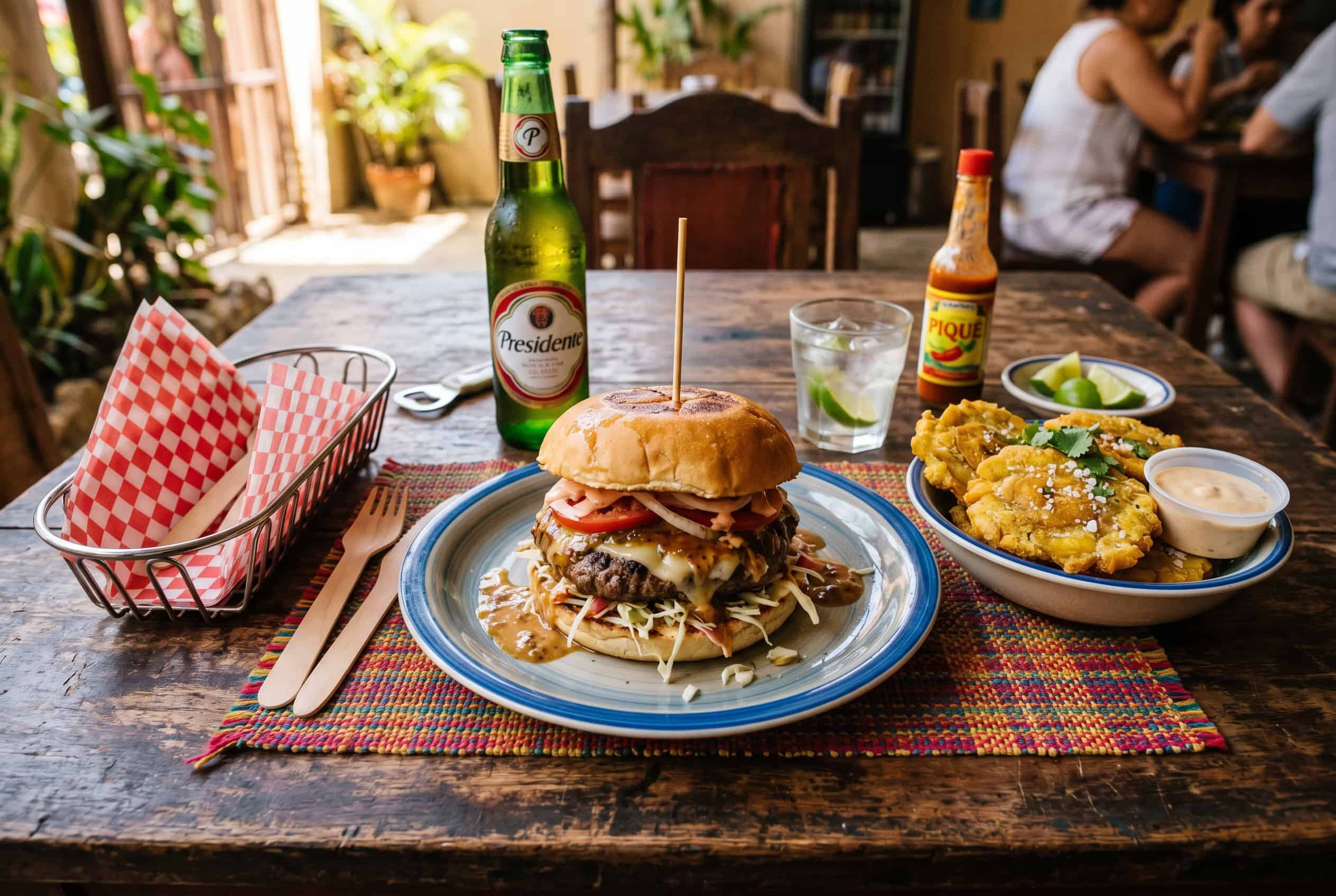 Dominican chimi burger meal with tostones and cold drink