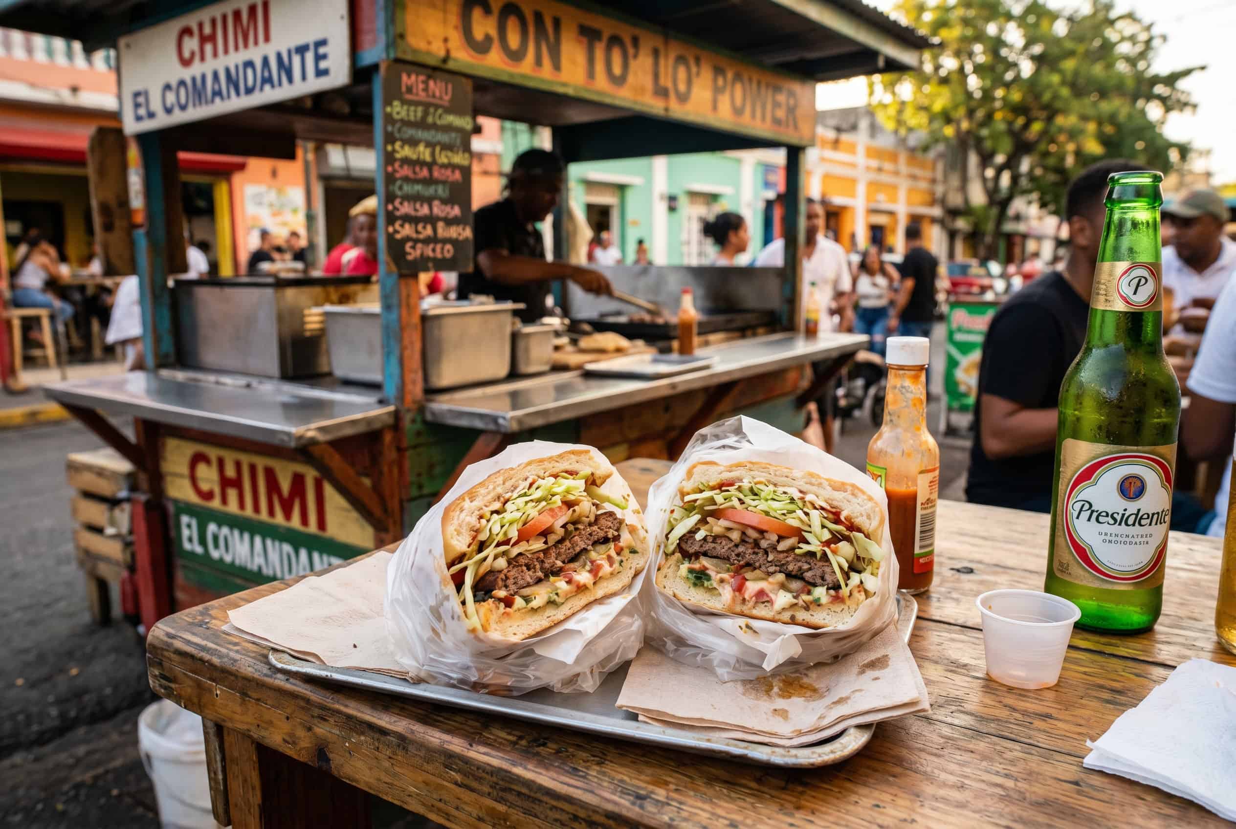 Dominican chimichurri street food burgers with Presidente beer