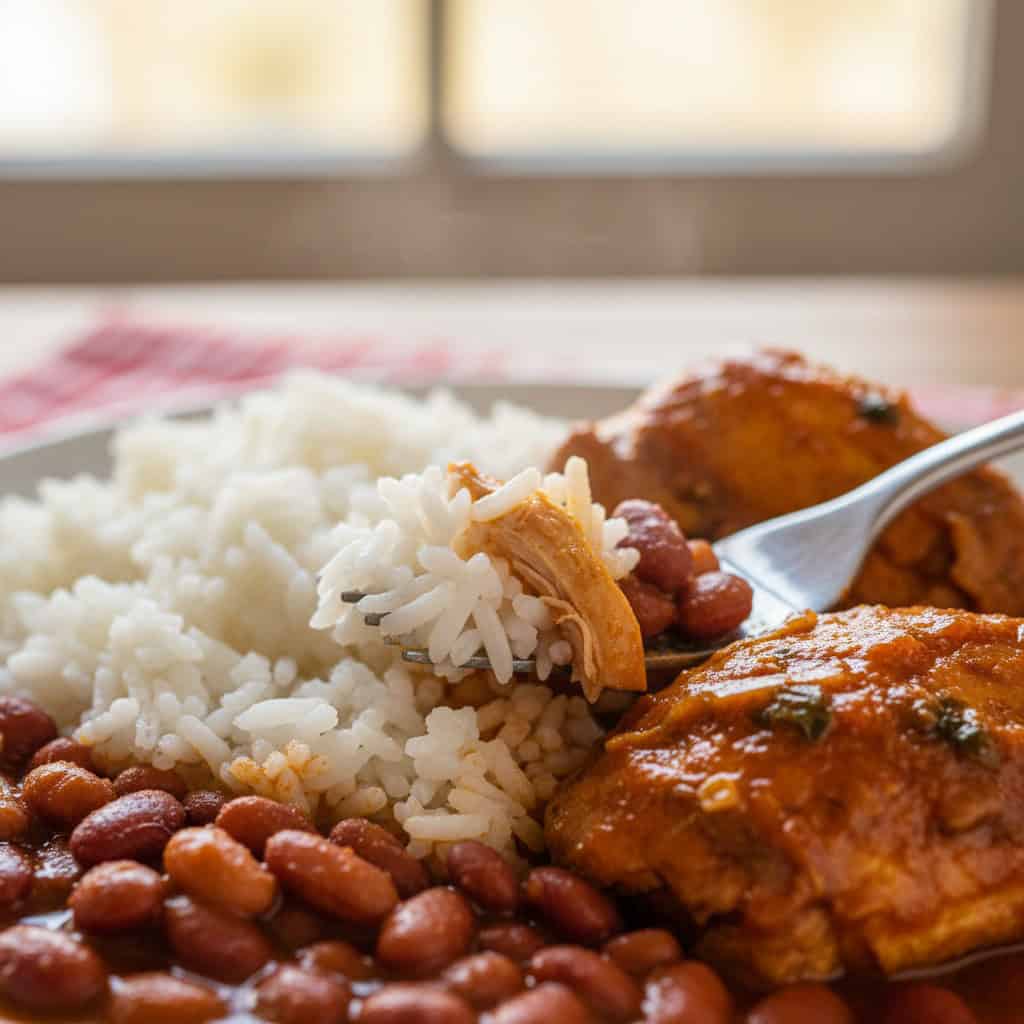 Close-up of la bandera dominicana plate with rice, beans, and stewed chicken