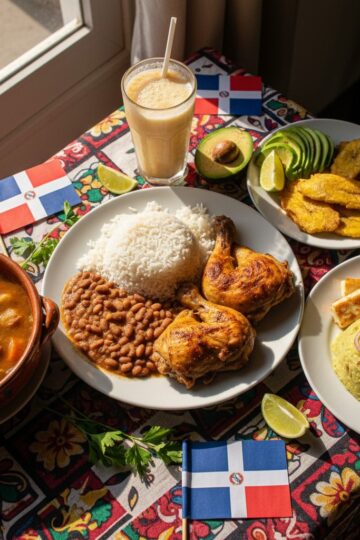 Spread of Dominican dishes including la bandera, sancocho, mangu, and tostones on a colorful table