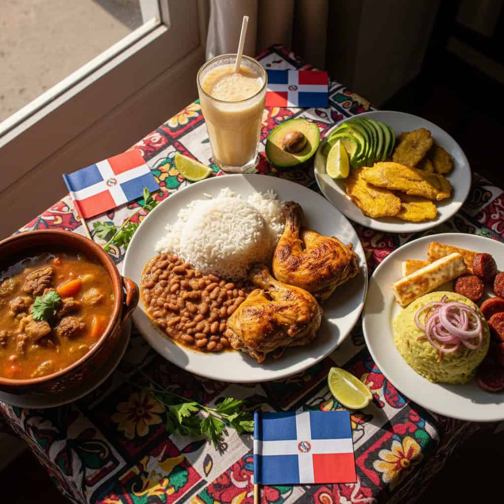 Spread of Dominican dishes including la bandera, sancocho, mangu, and tostones on a colorful table