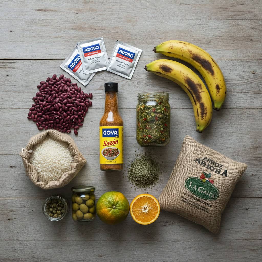 Essential Dominican pantry ingredients including sazón, sofrito, plantains, beans, and rice