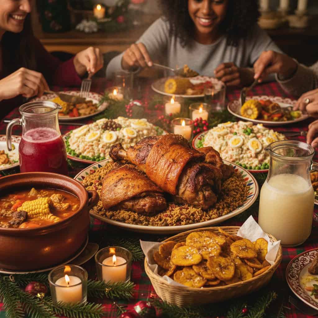 Family-style Dominican dinner spread with multiple traditional dishes