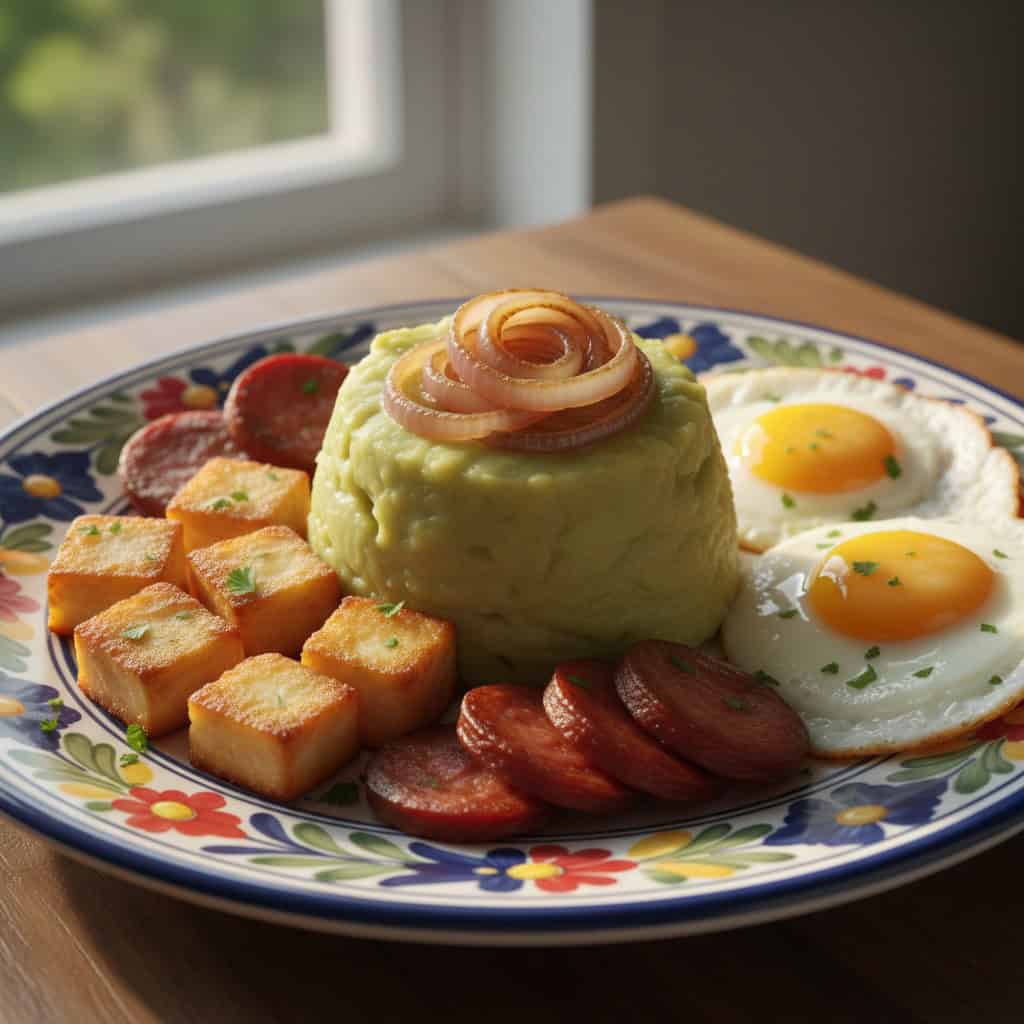 Traditional Dominican mangu breakfast with three eggs salami and cheese