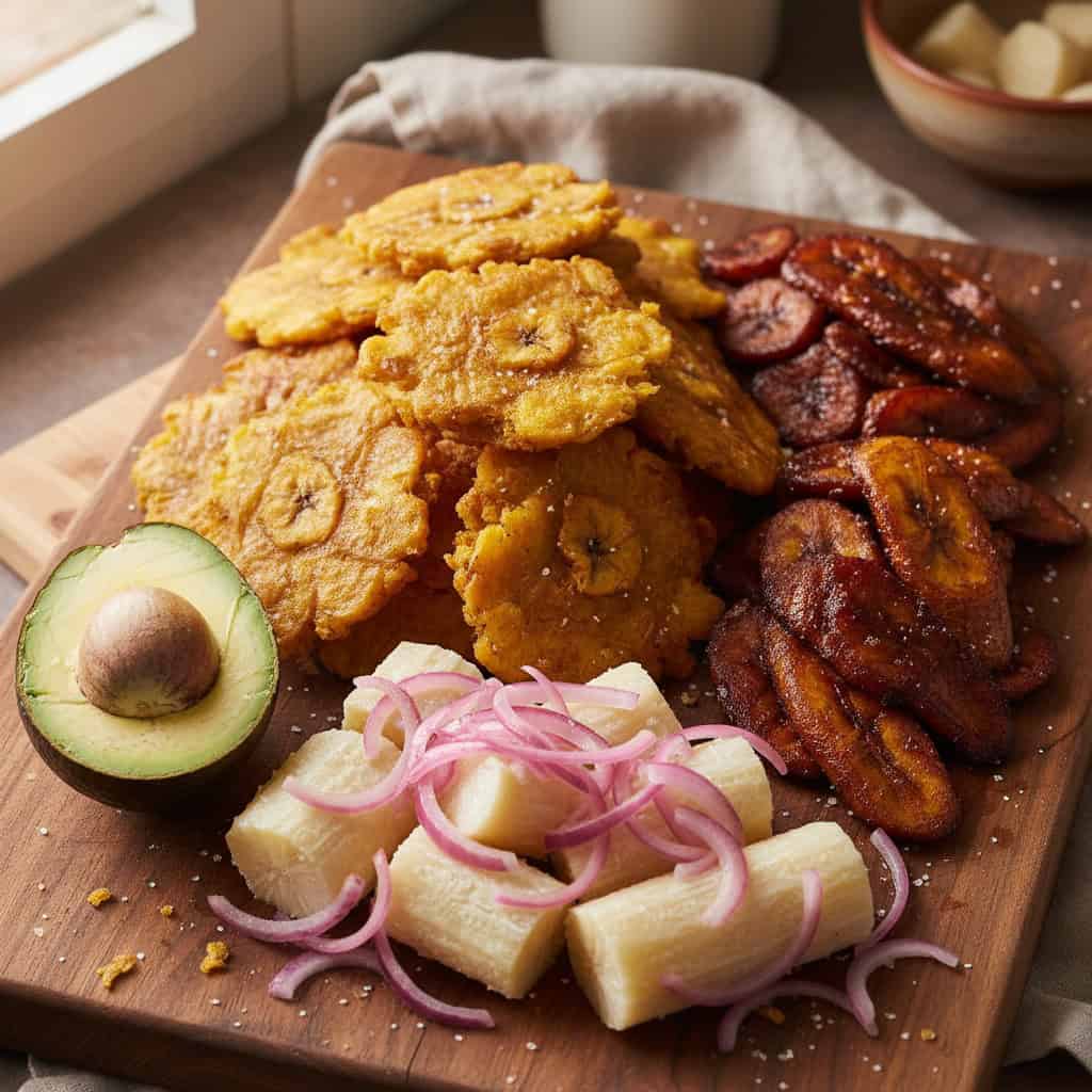 Traditional Dominican side dishes: tostones, maduros, yuca, and avocado