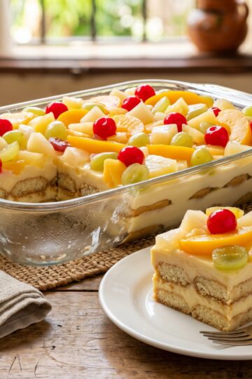 Dulce frío dominicano trifle with ladyfingers custard and fruit cocktail in glass dish