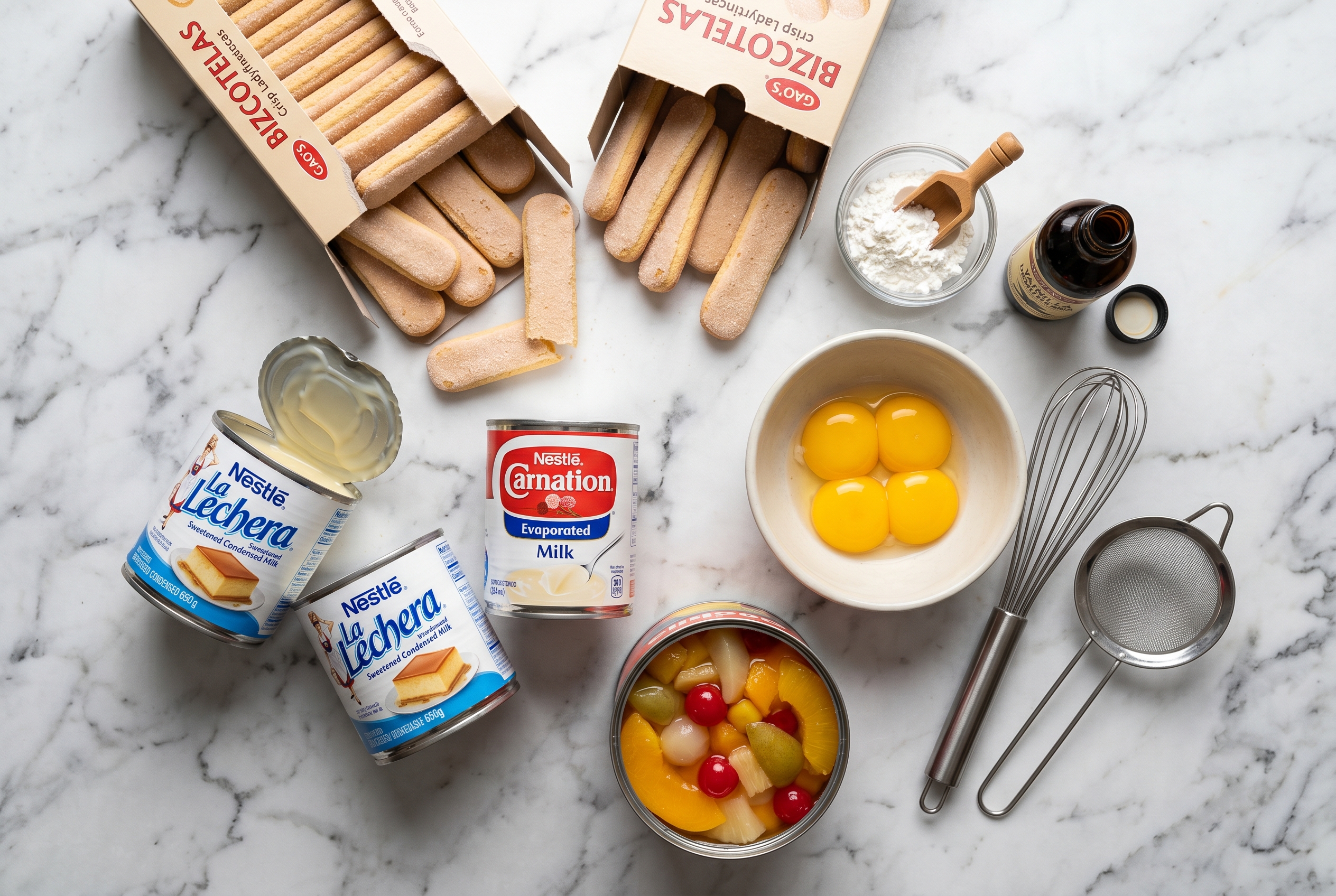 Ingredients for dulce frio dominicano - ladyfingers condensed milk evaporated milk eggs cornstarch vanilla fruit cocktail