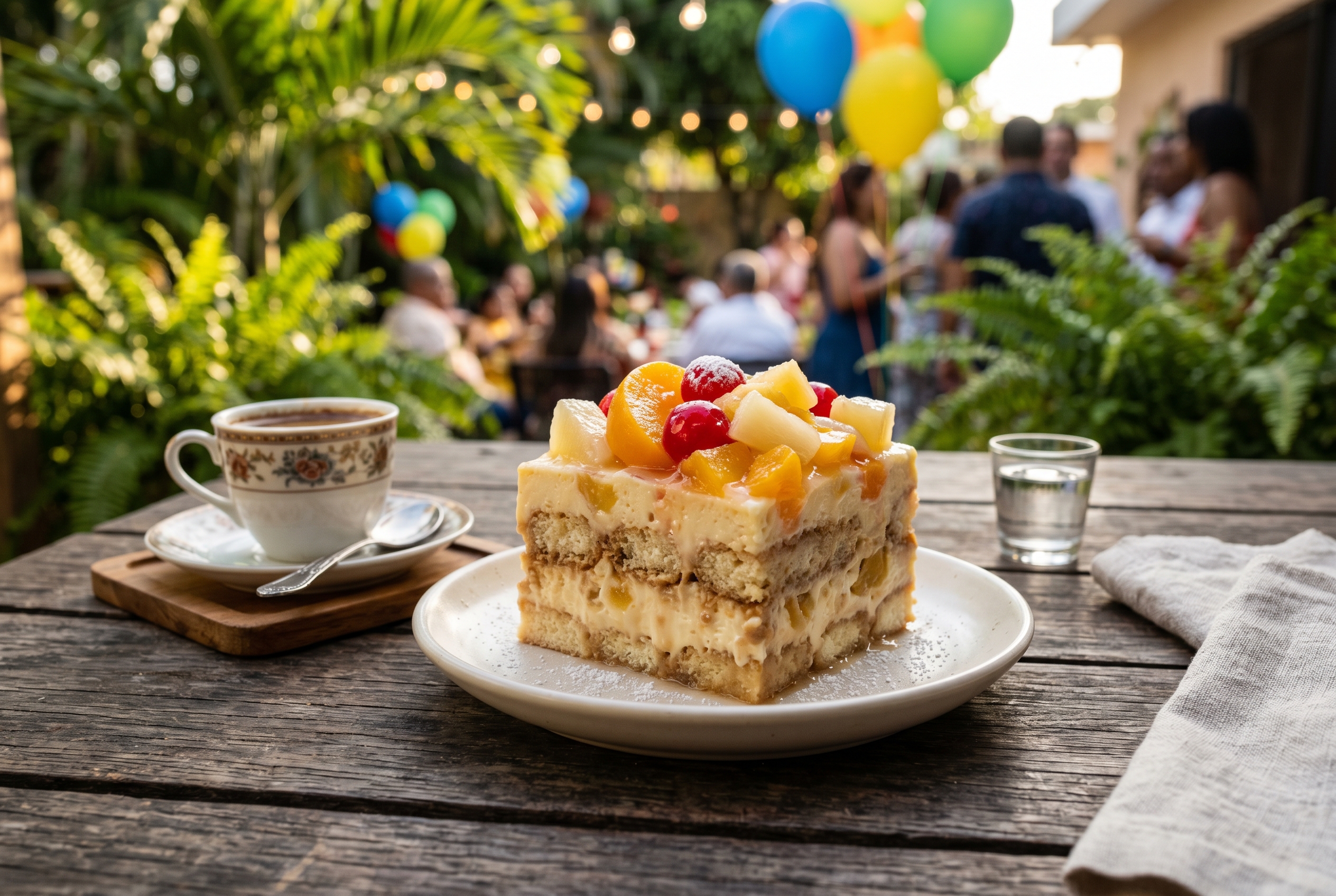 Dulce frio dominicano served on plate with Dominican coffee at summer gathering