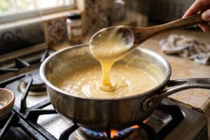 Condensed milk custard cooking in saucepan for dulce frio dominicano