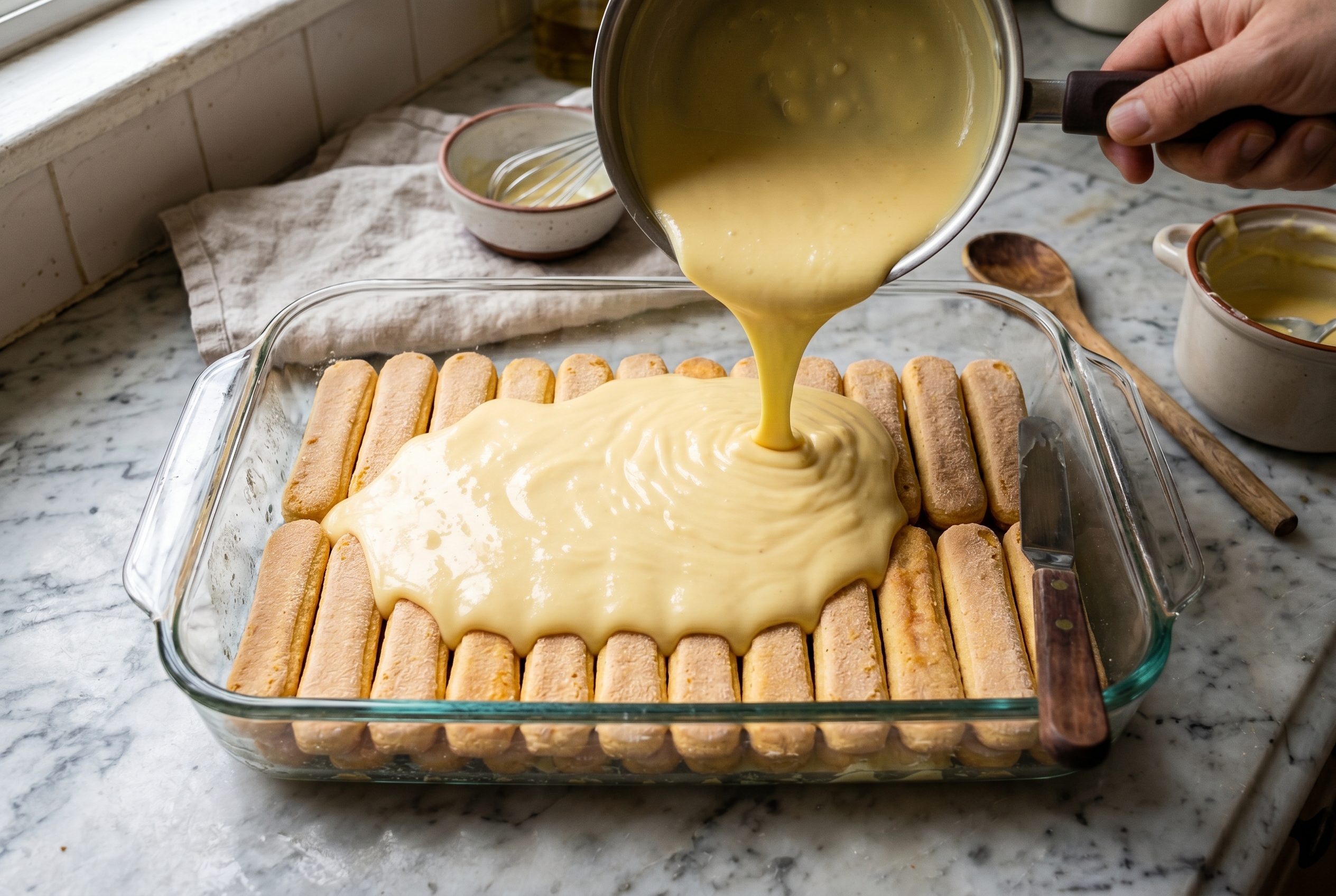 Layering ladyfingers and condensed milk custard in glass baking dish for dulce frio