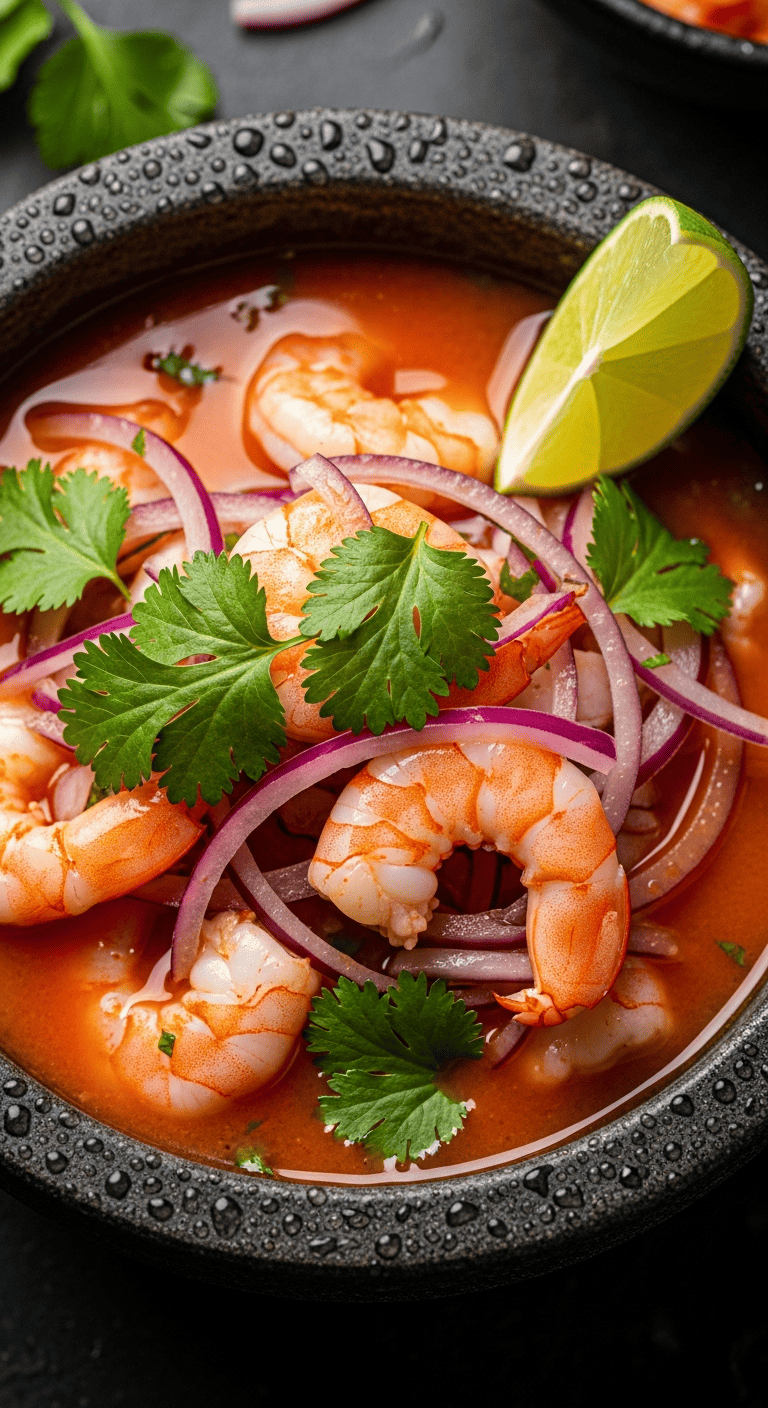 Close-up of Ecuadorian shrimp ceviche with plump pink shrimp, red onions and fresh cilantro