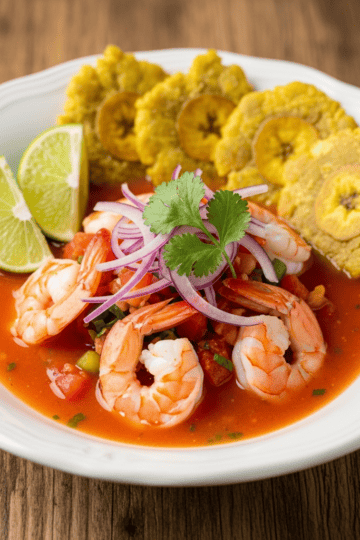 Authentic Ecuadorian shrimp ceviche in a ceramic bowl with lime wedges and cilantro garnish