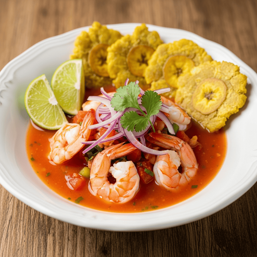 Authentic Ecuadorian shrimp ceviche in a ceramic bowl with lime wedges and cilantro garnish