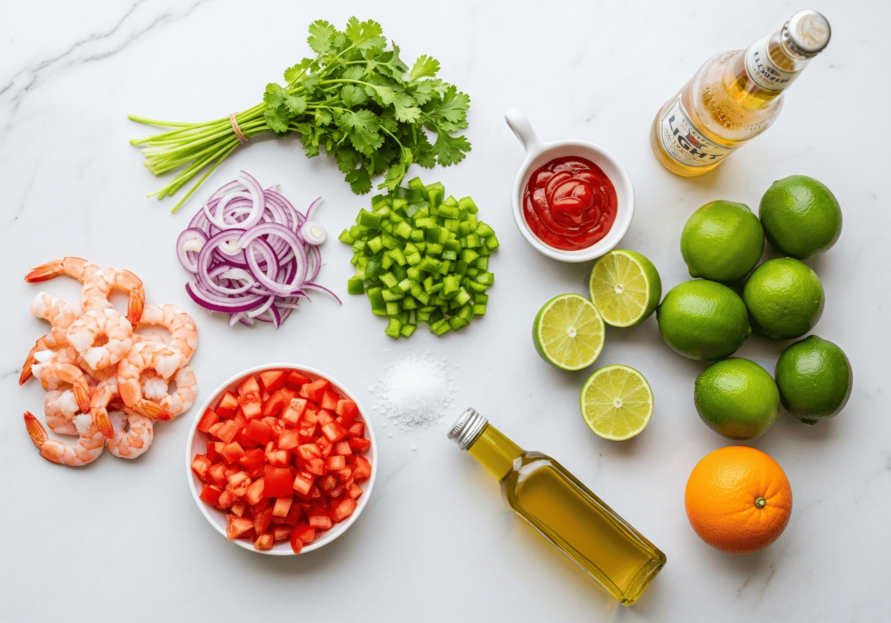 Ecuadorian shrimp ceviche ingredients laid out — shrimp, red onions, tomatoes, limes, cilantro, bell pepper