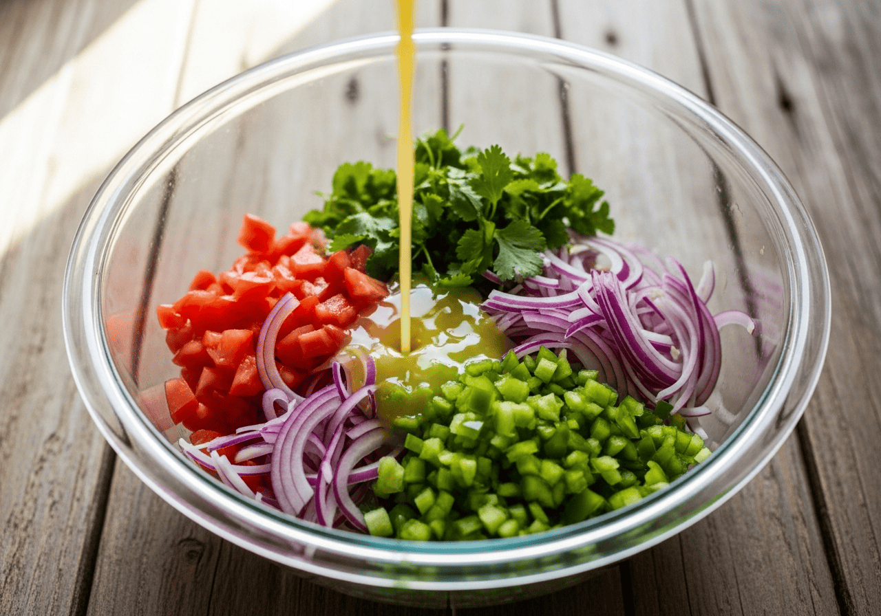 Colorful Ecuadorian ceviche ingredients being mixed in a large bowl with lime juice