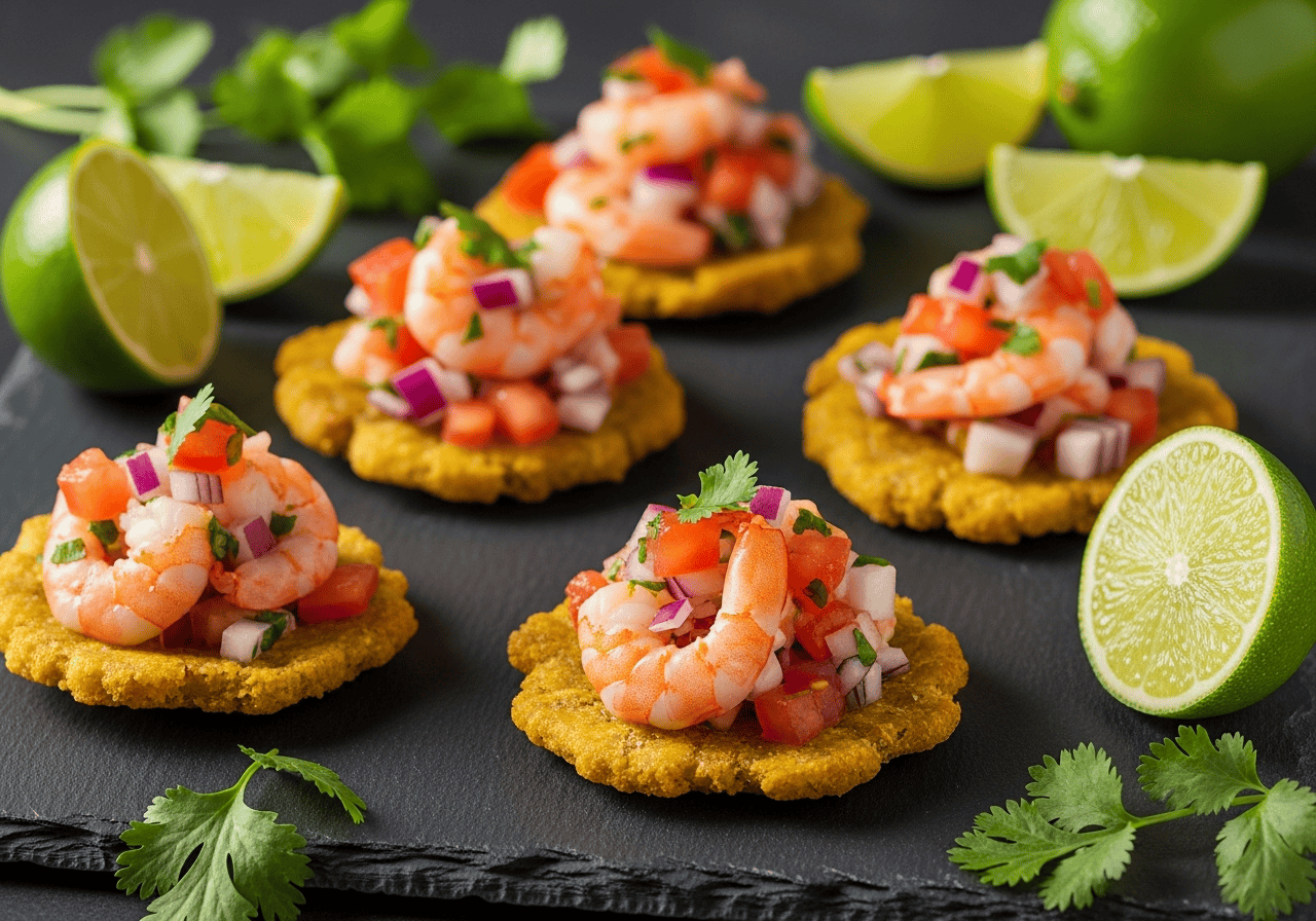 Ecuadorian shrimp ceviche served in crispy fried green plantain cups