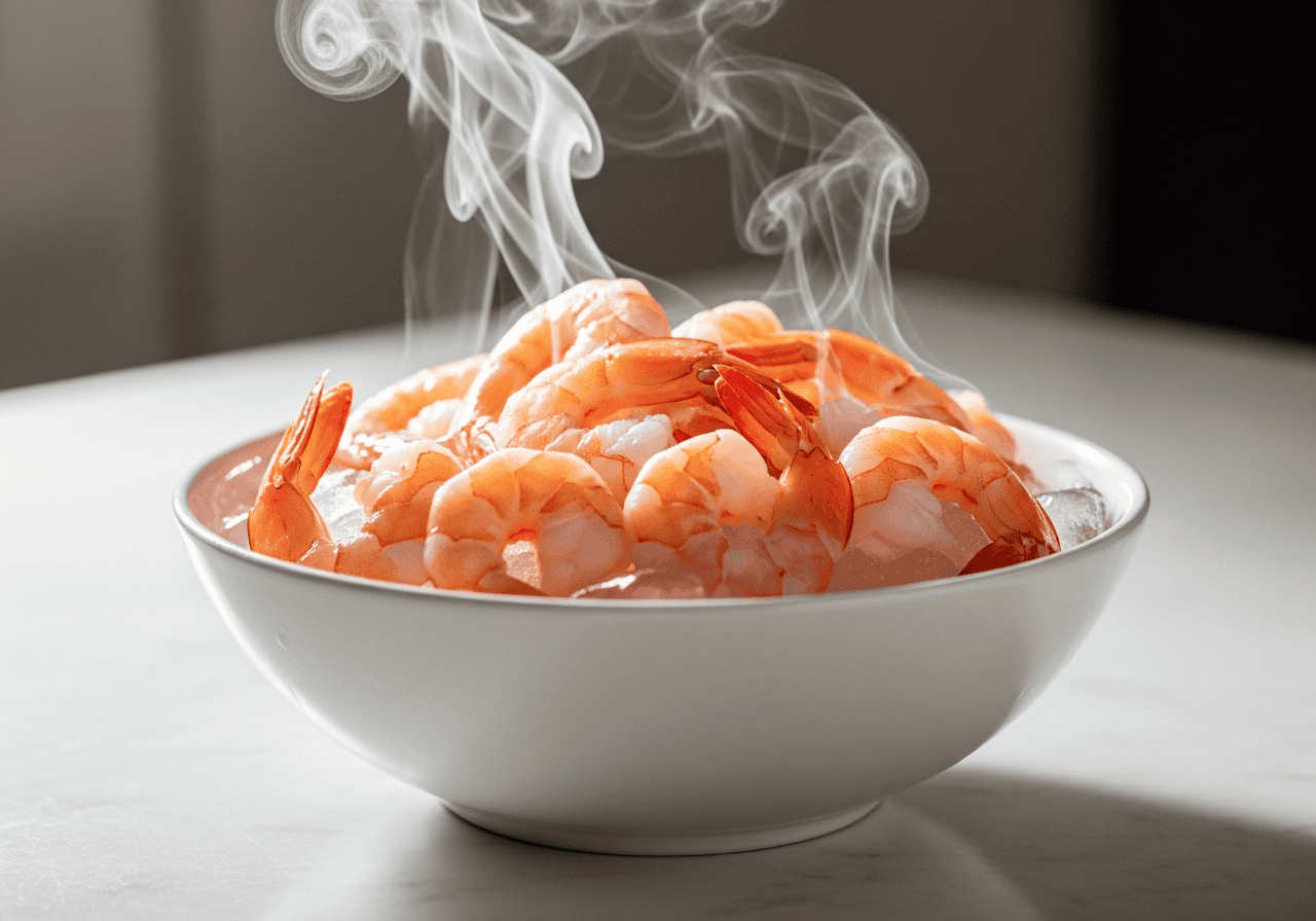 Freshly cooked pink shrimp cooling before being added to Ecuadorian ceviche