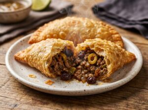 One empanadita broken in half showing crispy golden shell and steaming savory beef filling