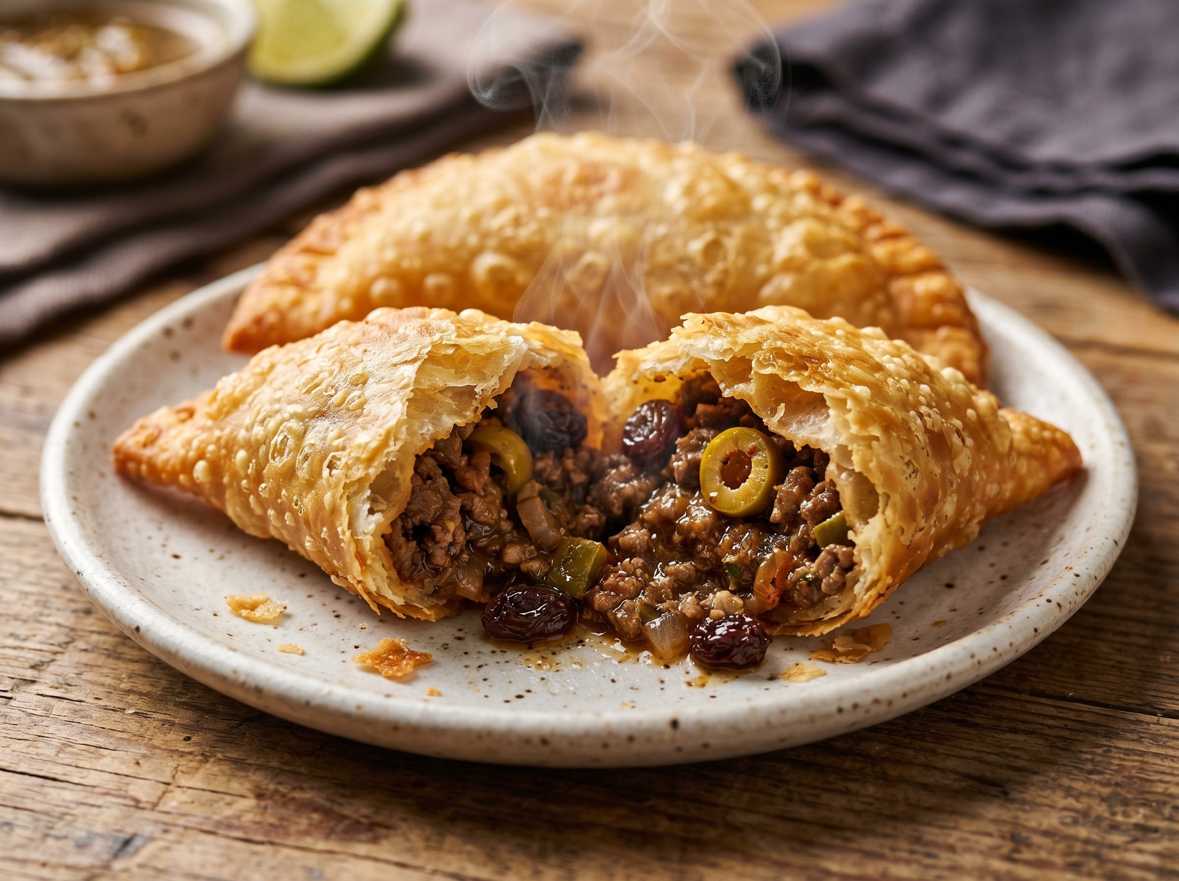 One empanadita broken in half showing the crispy golden shell and steaming beef filling