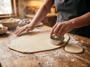 Hands rolling out empanadita dough on floured surface with a round cutter pressing circles