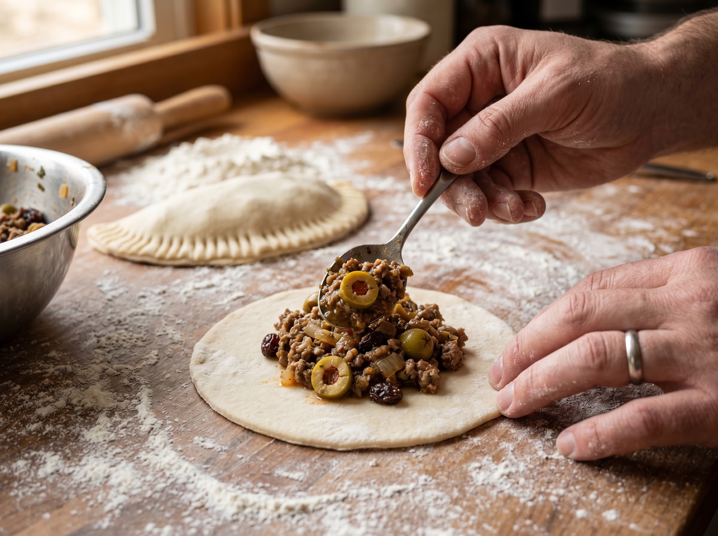 Spoonful of seasoned picadillo being placed in the center of a dough circle with fork crimping the edges