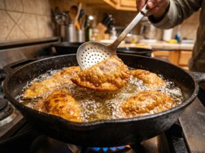 Empanaditas frying in hot oil with golden bubbles surrounding them