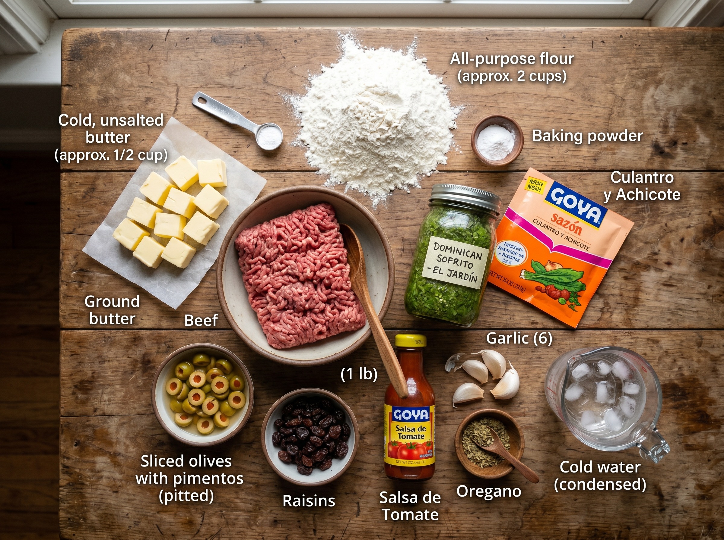 Ingredients for Dominican empanaditas laid out on a wooden surface — flour, butter, ground beef, sofrito, olives, raisins