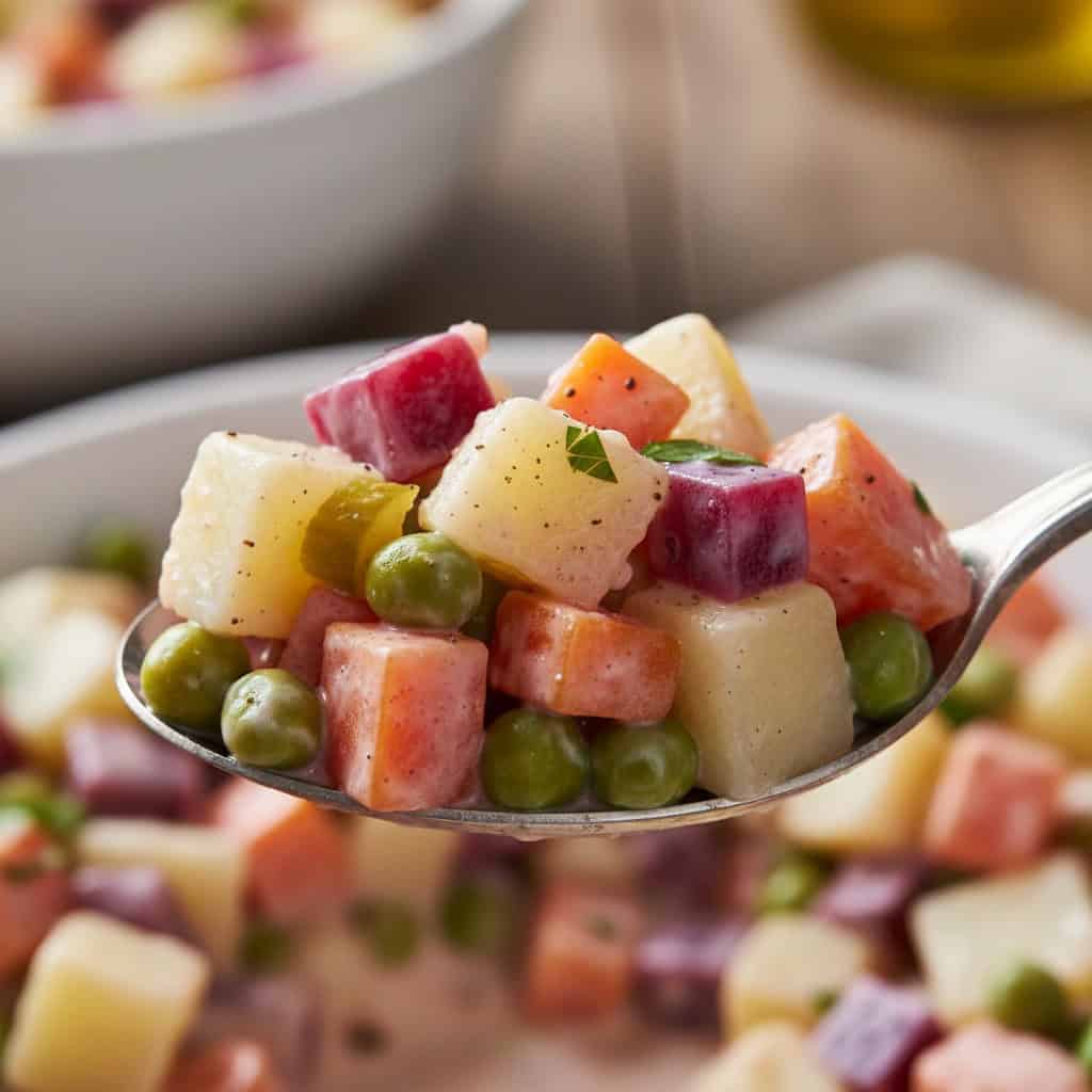 Close-up of ensalada rusa showing pink creamy texture with vegetable chunks