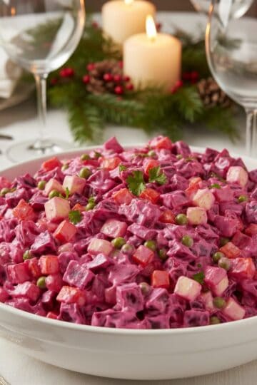 Dominican ensalada rusa bright magenta pink potato salad with beets in serving bowl