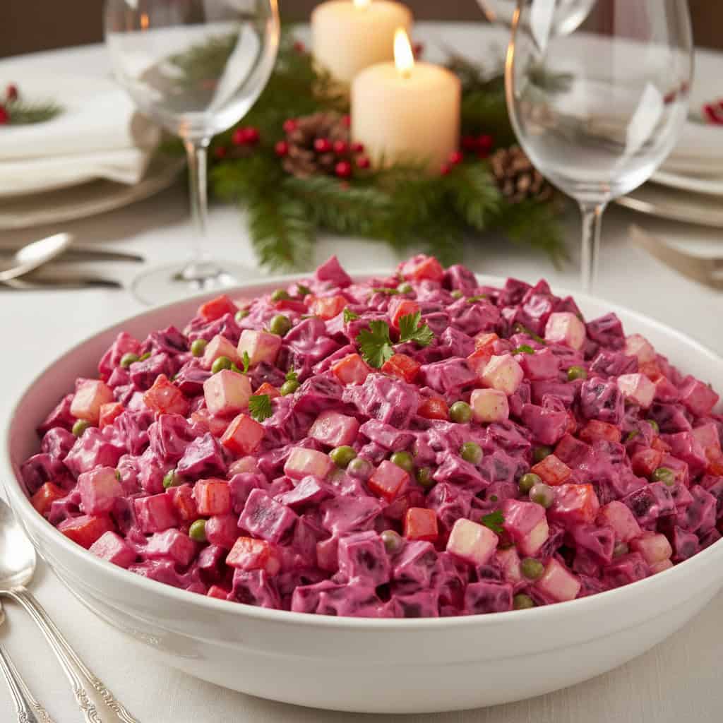 Dominican ensalada rusa bright magenta pink potato salad with beets in serving bowl