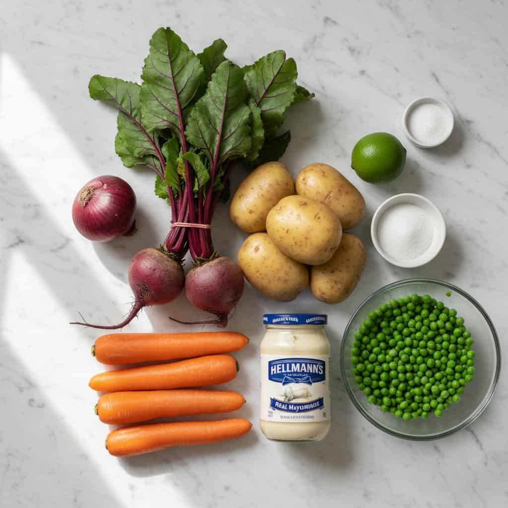 Ingredients for Dominican ensalada rusa - potatoes beets carrots peas mayonnaise