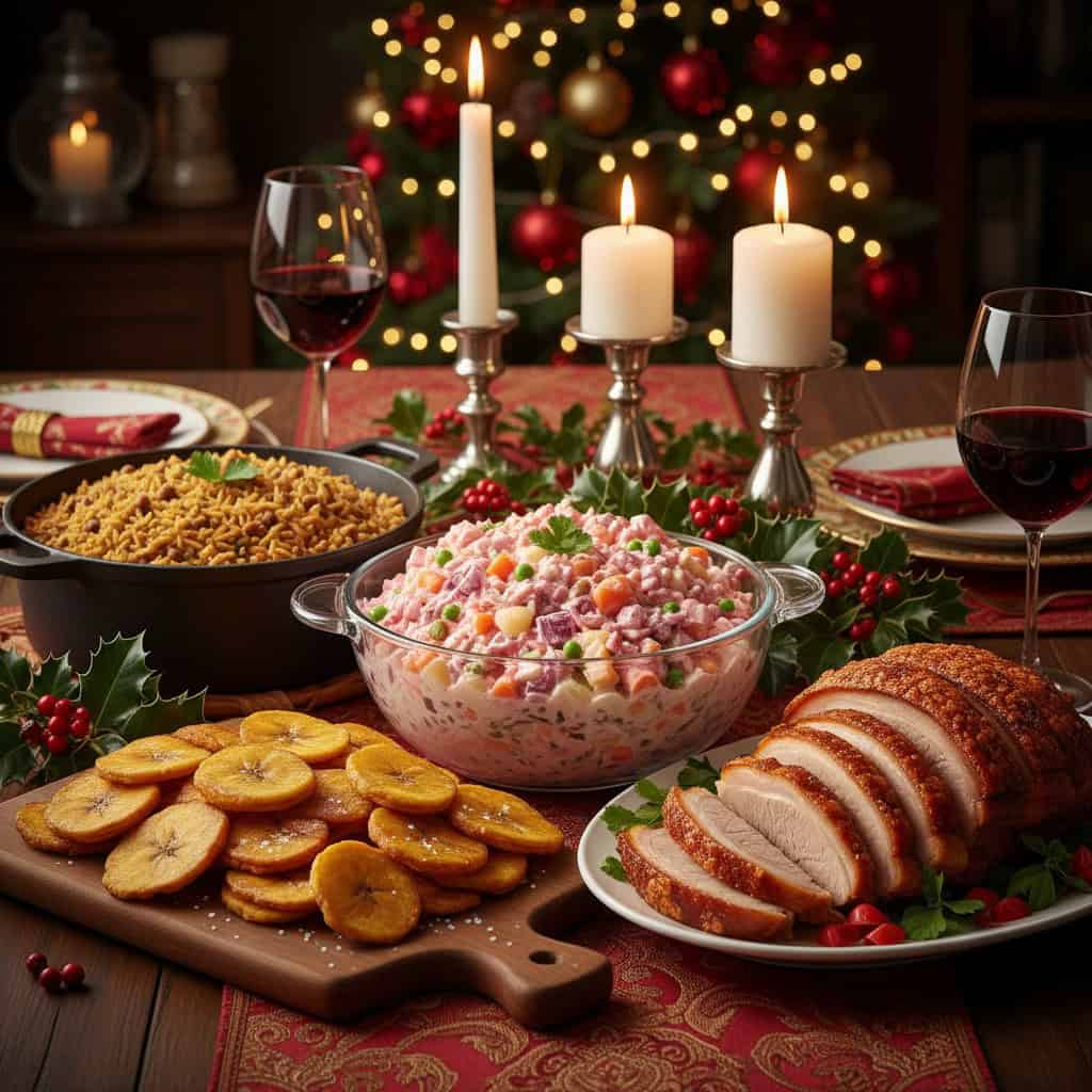Ensalada rusa as part of Dominican Christmas Eve dinner spread