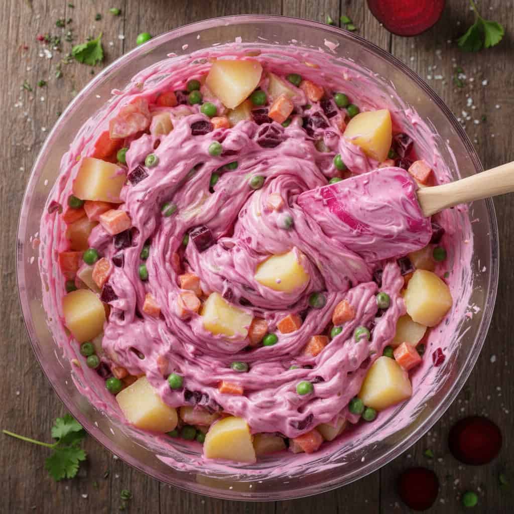 Ensalada rusa being mixed - beets turning everything pink magenta