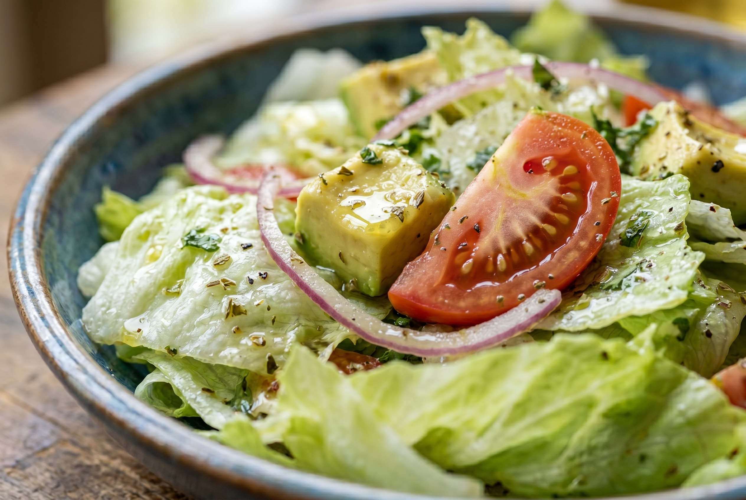 Close-up of Dominican green salad with visible avocado tomato and red onion