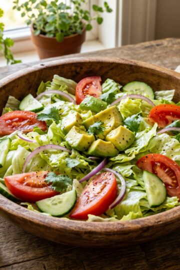 Dominican ensalada verde green salad with iceberg tomato cucumber red onion avocado