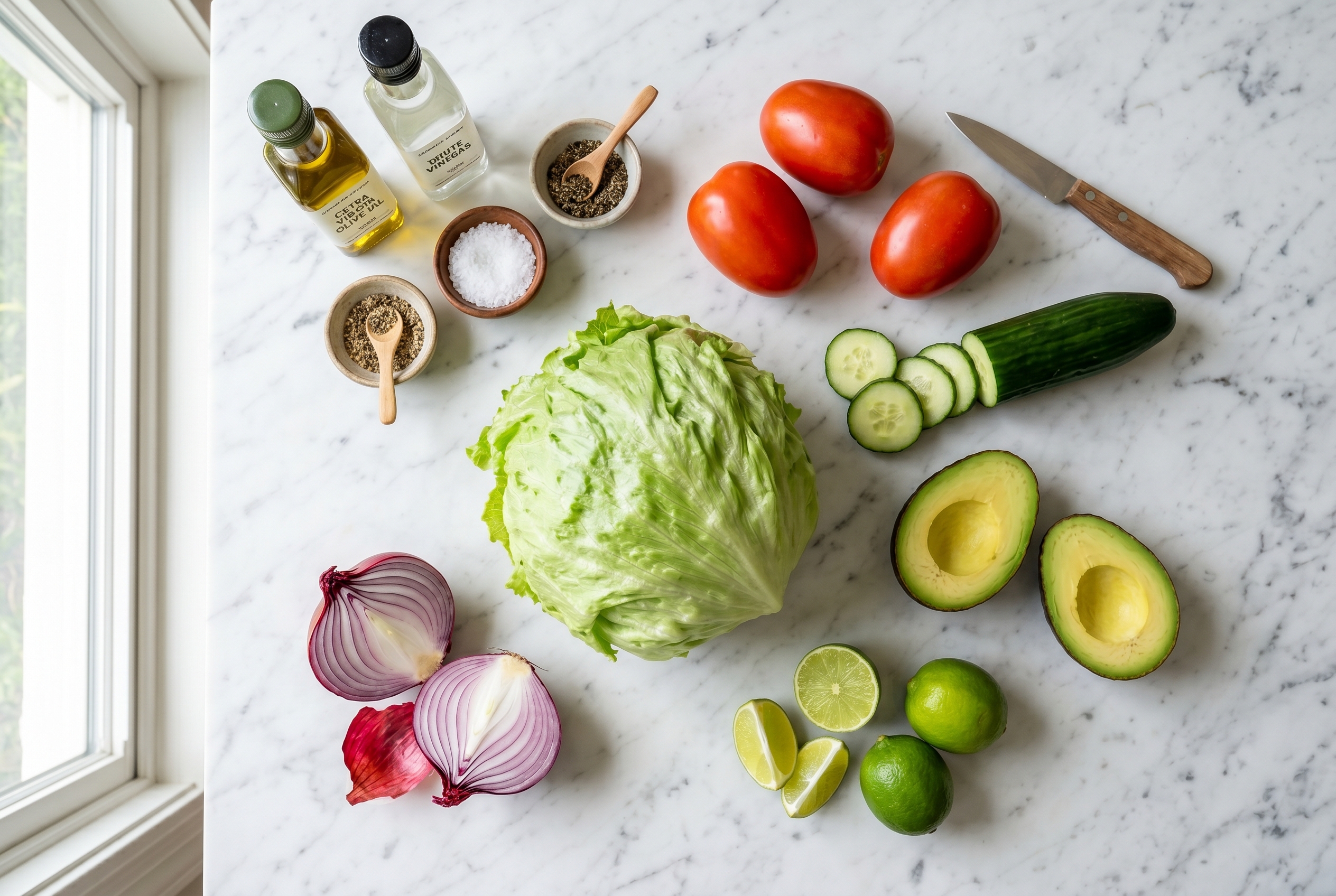 Ingredients for Dominican green salad - iceberg tomato cucumber red onion avocado lime