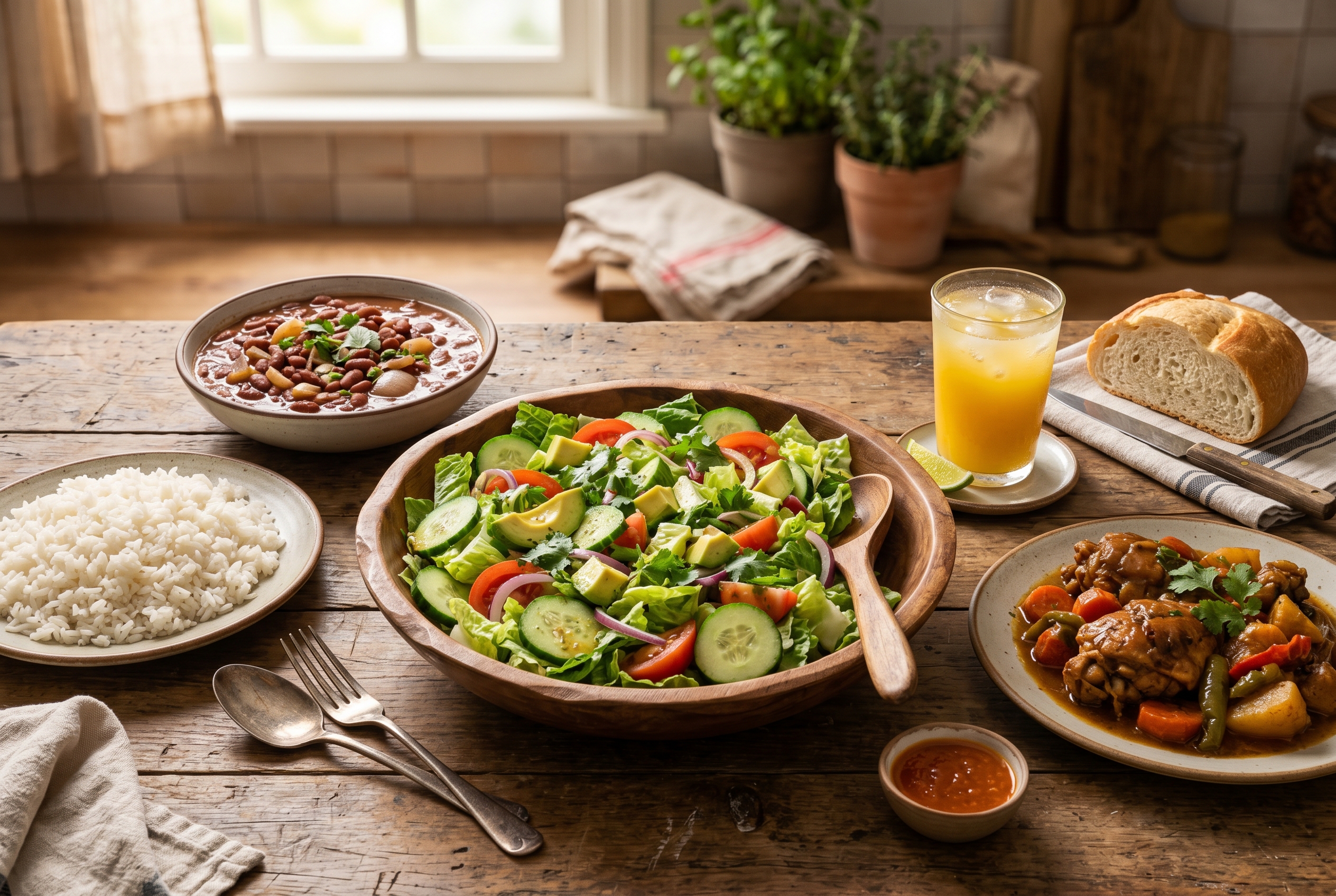 Ensalada verde served alongside Dominican la bandera plate of rice beans and stewed chicken