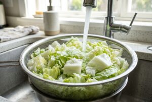 Chopped iceberg lettuce being washed in a colander