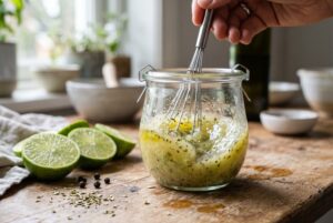 Lime vinegar olive oil vinaigrette being whisked in a small bowl