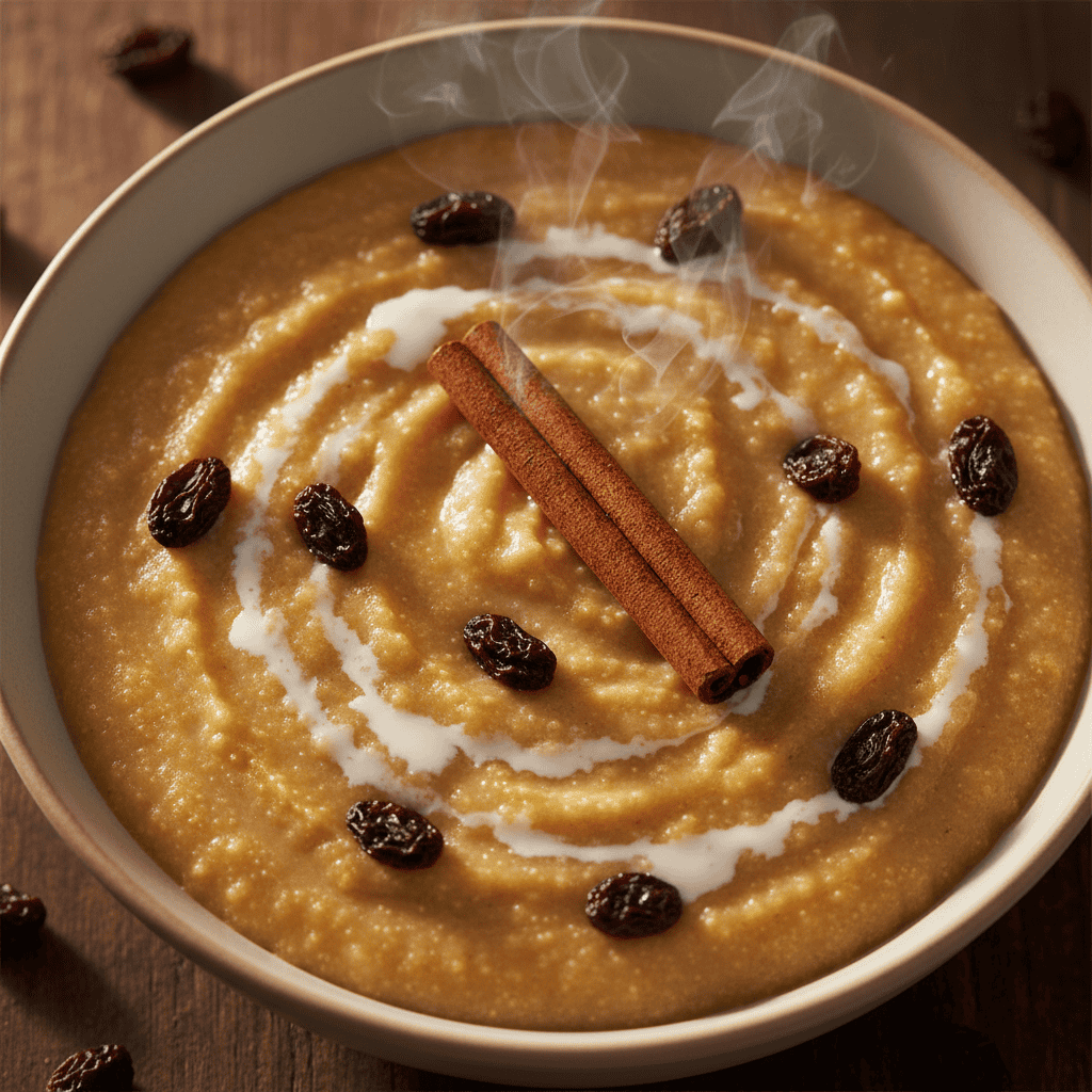 Close-up overhead of Dominican farina bowl with cinnamon and steam