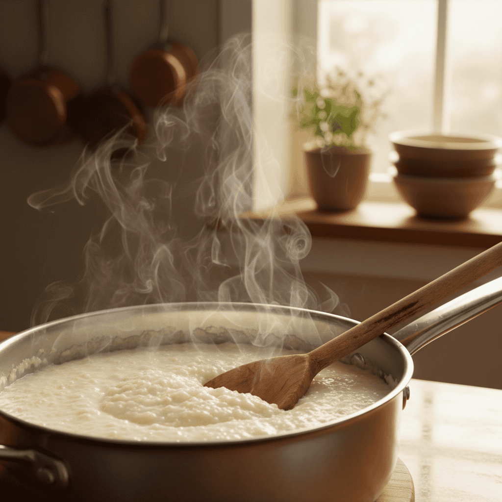 Dominican farina bubbling in a saucepan — thick creamy cream of wheat with wooden spoon