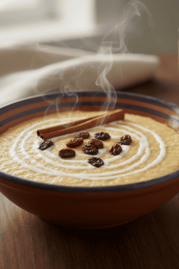 Bowl of Dominican farina dominicana with cinnamon stick and raisins — creamy spiced cream of wheat