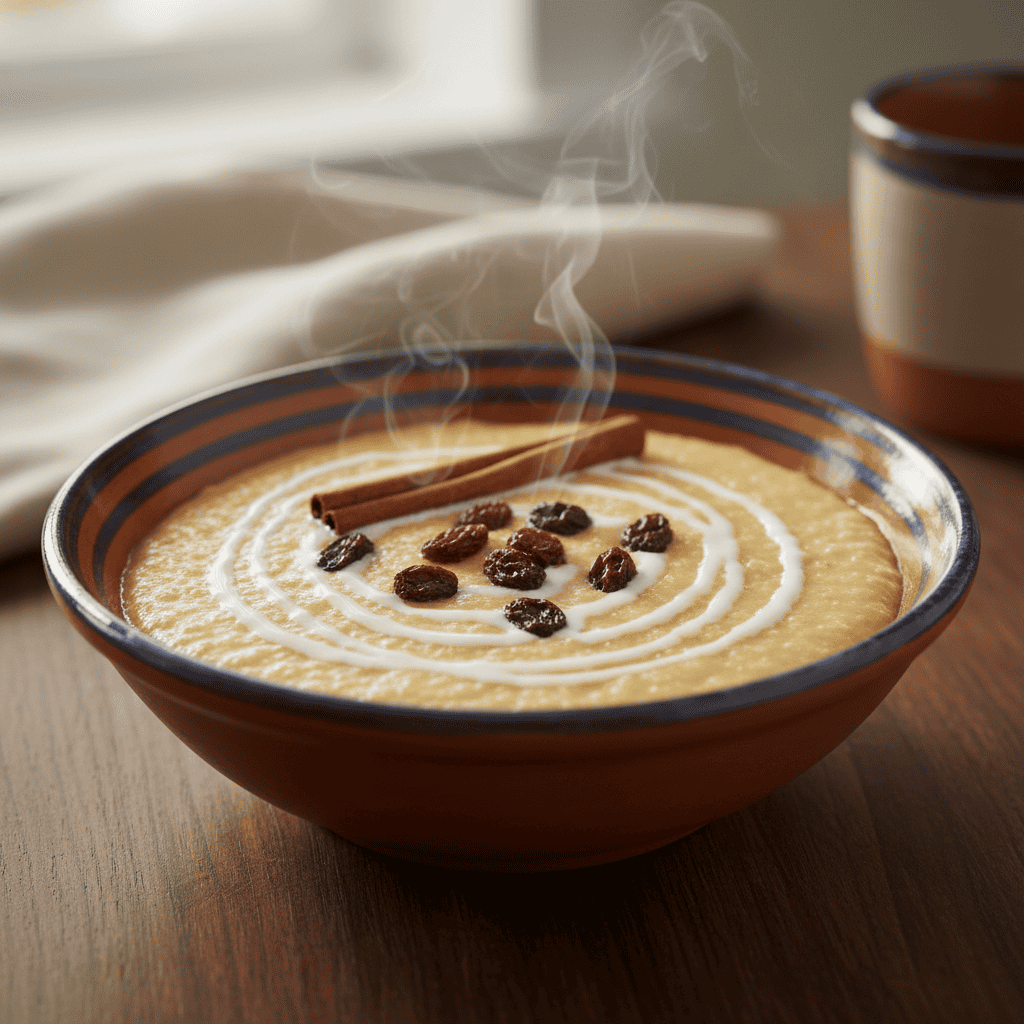 Bowl of Dominican farina dominicana with cinnamon stick and raisins — creamy spiced cream of wheat