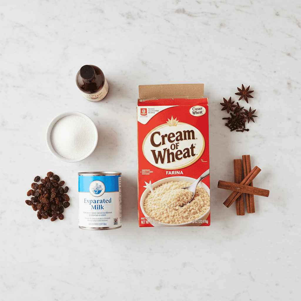 Farina dominicana ingredients — cream of wheat, cinnamon, cloves, star anise, evaporated milk, sugar on white marble