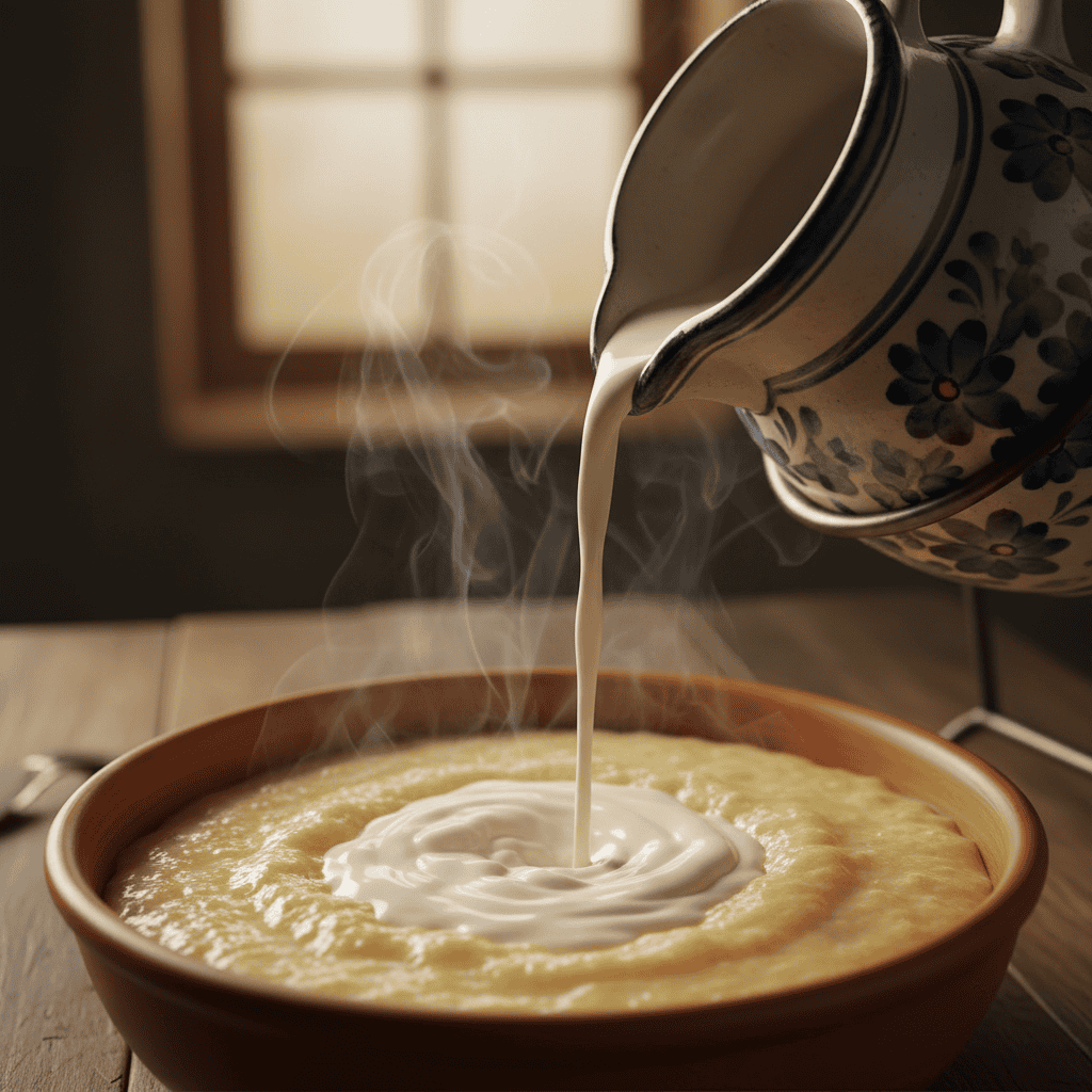 Evaporated milk being poured into creamy Dominican farina creating a pale swirl