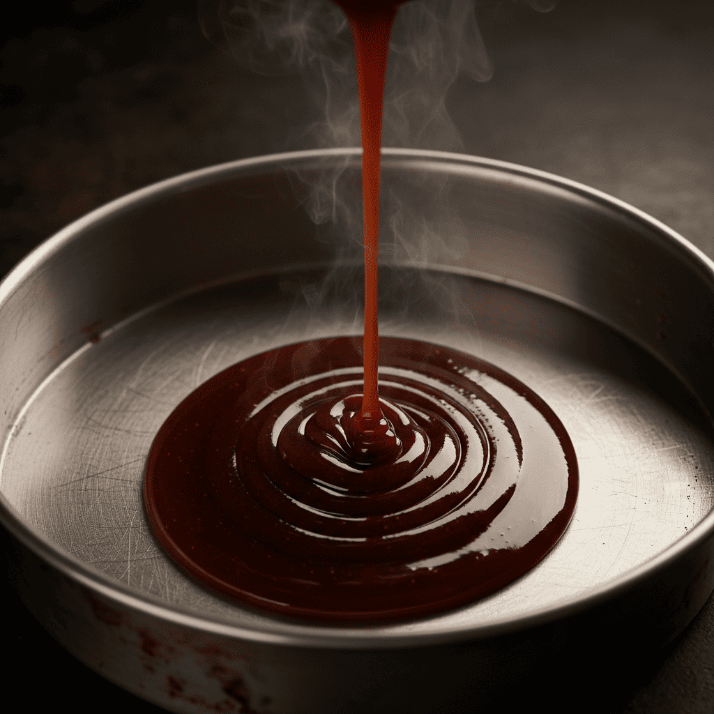 Dark amber Dominican caramel being poured into a round baking pan — the signature dark caramel of flan dominicano